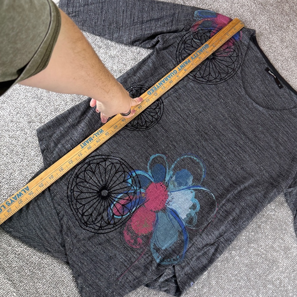 Desigual Gray Floral 1/2 Long Sleeve Top Blouse Shirt Womens S Asymmetrical Boho - Picture 5 of 11